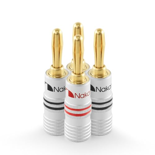 Nakamichi GrubLock Excel Series 24k Gold Plated Banana Plugs, 10-18 AWG | Gauge Size 4mm for Speakers Amplifier Hi-Fi AV Receiver Stereo Audio Wire Cable Screw Connector, 4 Pcs (2-Pairs) - size: 4 Pcs (2-Pairs)