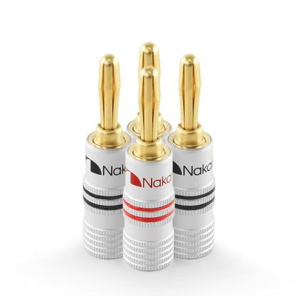 Nakamichi GrubLock Excel Series 24k Gold Plated Banana Plugs, 10-18 AWG | Gauge Size 4mm for Speakers Amplifier Hi-Fi AV Receiver Stereo Audio Wire Cable Screw Connector, 4 Pcs (2-Pairs) - size: 4 Pcs (2-Pairs)