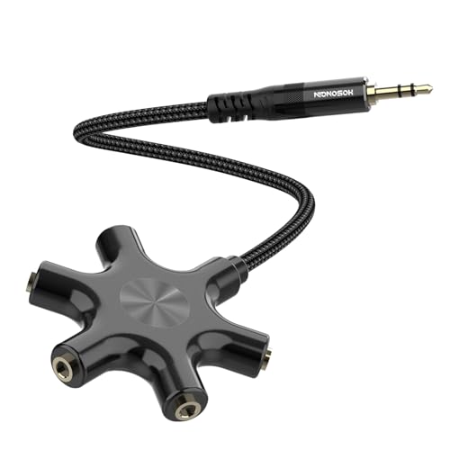 HOSONGIN 5-Way Headphone Splitter - 3.5mm Audio Sharing Hub with Braided Cable & Gold-Plated Connectors - Compatible with Smartphones Tablets Laptops MP3 Players - Perfect for Travel School Family Fun