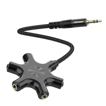 HOSONGIN 5-Way Headphone Splitter - 3.5mm Audio Sharing Hub with Braided Cable & Gold-Plated Connectors - Compatible with Smartphones Tablets Laptops MP3 Players - Perfect for Travel School Family Fun