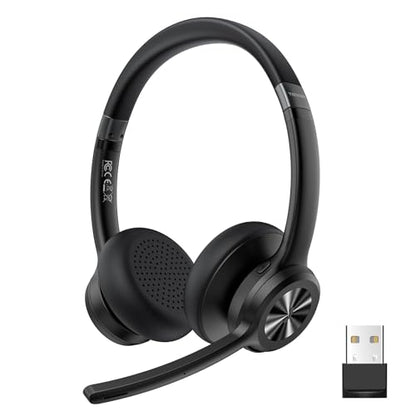 TECKNET Wireless Headset with USB Dongle, Bluetooth Headset with Noise Cancelling Mic - Rechargeable Bluetooth V5.2, 50H Playtime & Mic Mute, On Ear Headphones for Trucker/Remote Work/Call Center - color: Glossy Black