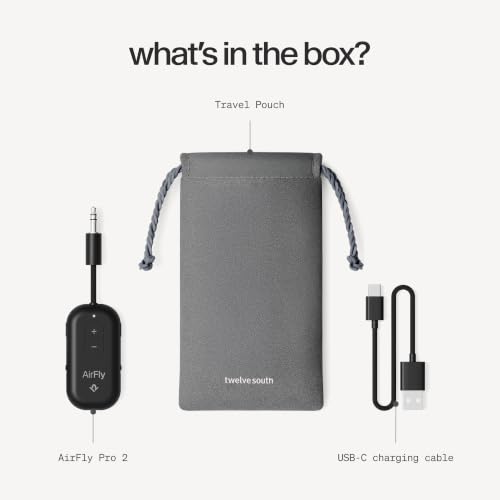 Twelve South AirFly Pro 2, Bluetooth Adapter, Pair 2 AirPods, Black | Pair 2 AirPods or Wireless Headphones – 3.5mm AUX Bluetooth Transmitter and Receiver for Cars, Boats, Treadmills, TVs & More - color: Black, style: AirFly Pro 2