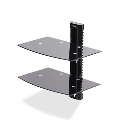 StarTech Dual Floating Wall-Mounted AV Shelves, Tempered Glass Shelves | Adjustable Height Shelf For Under TV AV Equipment, 2B-WALL-MOUNT-SHELF - style: Dual