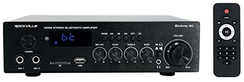 Rockville BLUAMP 90 Bluetooth 5.0 Stereo Receiver Amp with HDMI ARC | 400W Peak/50W x 2 RMS at 4 Ohm, HDMI ARC, Optical, Phono/Aux, USB/SD, Dual 1/4" Mic Inputs with Echo, RCA Output, Remote