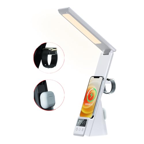 AYI Multi-Functional Wireless Charging Lamp with LED Display, Alarm Clock, 3 Color Light Modes, Foldable & Portable, 15W Fast Wireless Charger Stand for Smartphones, Smartwatches, Earbuds, N61 White. - color: Wireless Charger Table Lamp N61 White