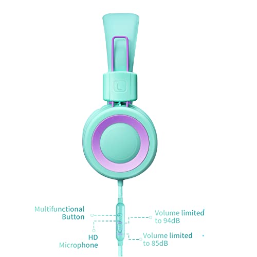 POWMEE P10 Kids Headphones with Microphone Stereo Headphones for Children Boys Girls,Adjustable 85dB/94dB Volume Control Foldable On-Ear Headphone with Microphone for School/PC/Cellphone(Green) - color: Green
