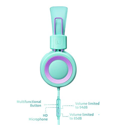 POWMEE P10 Kids Headphones with Microphone Stereo Headphones for Children Boys Girls,Adjustable 85dB/94dB Volume Control Foldable On-Ear Headphone with Microphone for School/PC/Cellphone(Green) - color: Green