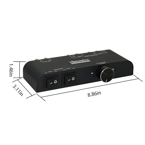 2 Way Speaker Switch, 1 in 2 Out Way Pair Stereo Speaker Selector W/Volume Control Metal Non-Slip Box - Black (61052), 9.0 x 3.25 x 1.5 - color: Matte Black