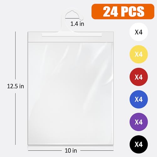 24 Pack Hanging Storage Bags, Headphone Storage Bags, Colorful Large Hook 10 x 12.5-inch Clear Plastic Bags for Classroom, Library, and Pharmacy Use