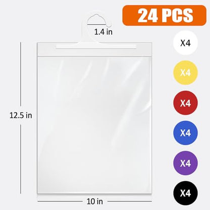 24 Pack Hanging Storage Bags, Headphone Storage Bags, Colorful Large Hook 10 x 12.5-inch Clear Plastic Bags for Classroom, Library, and Pharmacy Use