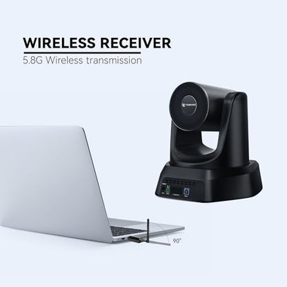TONGVEO AI Wireless PTZ Camera System with Auto Tracking Built-in Receiver & Bluetooth Speakerphone, 5.8GHz 1080P 60fps Conference Camera with 3X Optical Zoom, for Church Zoom, OBS Meetings - color: black