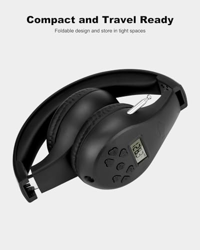 Portable Personal FM Radio Headphones with Best Reception, Wireless Headset FM Radio Ear Muffs for Walking, Jogging Powered by 2 AA Batteries(Not Included) -Black