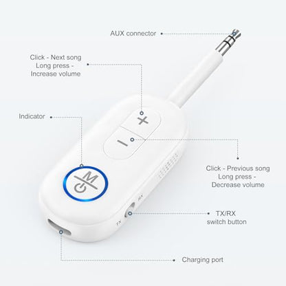 Bluetooth 5.3 Audio Adapter, 2 in 1 Bluetooth Transmitter Receiver, Wireless Headphones, Low Latency, Hands-Free, Audio Adapter for Airplane/Travel/Car/Home Stereo/Theater