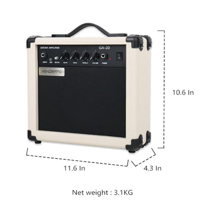 Electric Guitar Amplifier 20w amp Cream White Color gain bass Treble 3.5mm aux in Drive 6.5mm Guitar Input Headphone Portable for Beginner Starter Practice Travel amp noiseless Cable Pick and Adapter - color: White