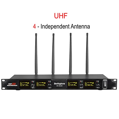 Pro Wireless Microphone System, 4-Channel UHF Wireless Mic Set with 2 Handheld Microphones, 2 Bodypack/Headset/Lapel Mics, Metal Cordless Microphone Base for Church, Singing, DJ (BR-402UM)
