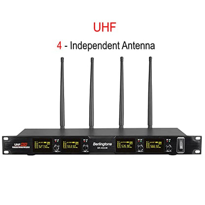 Pro Wireless Microphone System, 4-Channel UHF Wireless Mic Set with 2 Handheld Microphones, 2 Bodypack/Headset/Lapel Mics, Metal Cordless Microphone Base for Church, Singing, DJ (BR-402UM)