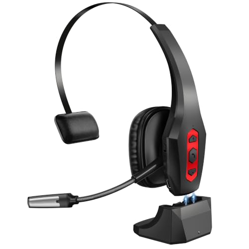 Trucker Bluetooth Headset, Wireless Headset with Noise Canceling Mic & Mute Button, Bluetooth Headset for Truck Driver, Cell Phone, Computer(Red)