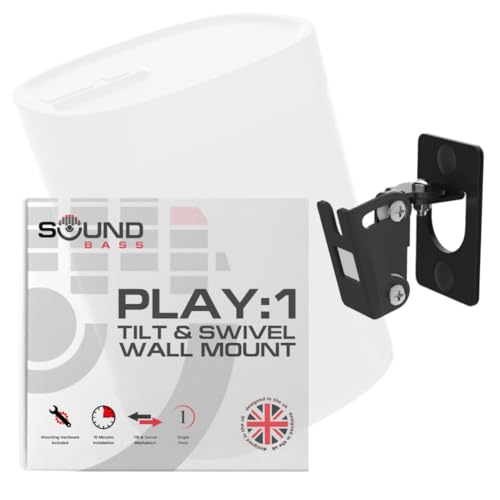 Sound Bass Play 1 Wall Mount Black, Single (1pc) Adjustable Tilt & Swivel | Compatible with Sonos Play:1 Only, Adjustable Swivel & Tilt Mechanism, Mounting Bracket Includes All Mounting Fixings - color: Black
