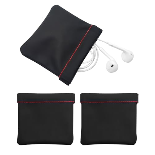 Quacc 3 PCS Earphone Pouch, PU Leather Headphone Storage Bag | Portable Earbud Pouch, Soft, Elastic Snap Spring Pouch for Storing Earphones, Coins, Keys, USB Flash Drives, Jewellery