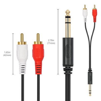 Gold-Plated 6.35mm 1/4 inch Male TRS Stereo Plug to 2 RCA Phono Male Audio Y Splitter Cable,Connector Wire Cord Plug (1.5M) - size: 6.35-TRS-2RCAM