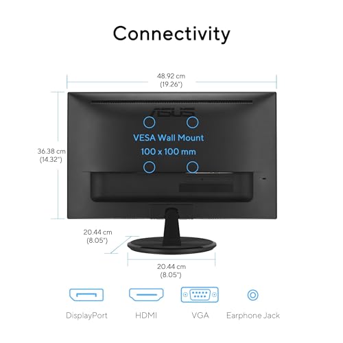 ASUS 22” Eye Care Monitor (VP229QF) – 100Hz, IPS, Full HD, 99% sRGB, Frameless, Adaptive-Sync, DisplayPort, HDMI, Low Blue Light, Flicker Free, Wall Mountable, 3 yr Warranty | Includes monitor arm, base and HDMI cable for mounting, connectivity and assemb