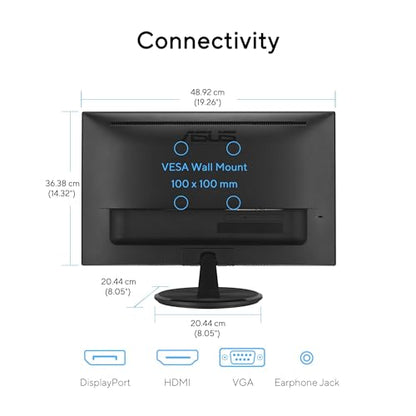 ASUS 22” Eye Care Monitor (VP229QF) – 100Hz, IPS, Full HD, 99% sRGB, Frameless, Adaptive-Sync, DisplayPort, HDMI, Low Blue Light, Flicker Free, Wall Mountable, 3 yr Warranty | Includes monitor arm, base and HDMI cable for mounting, connectivity and assemb