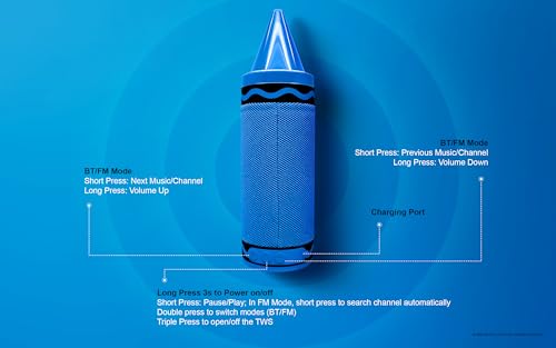 Crayola Kids Crayon Speakers Bluetooth, Portable Bluetooth Speakers | 20W Peak Power HD Sound, Mini Bluetooth Speaker Wireless with TWS Pairing BT 5.3, FM Radio Home/Party/Outdoor/Travel - color: Blue