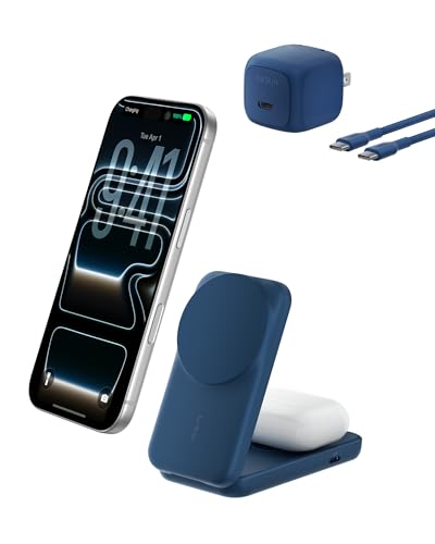 Belkin Qi2.2 25W Wireless 2 in 1 Foldable Fast Charging Station for iPhone | Fast Charging, MagSafe Compatible, iPhone 17/16/15, AirPods, Travel Charger, Magnetic - color: Blue