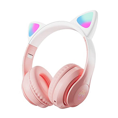 Kids Wireless Bluetooth Headphones with Microphone for School/Travel/Tablet | Cat Ear Headphones; Over Ear Headphones - color: New Pink