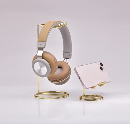 JIARI Headphones Stand and Cell Phone Stand Desktop Metal Holder Accessories 2pcs Set (Gold) - color: Gold