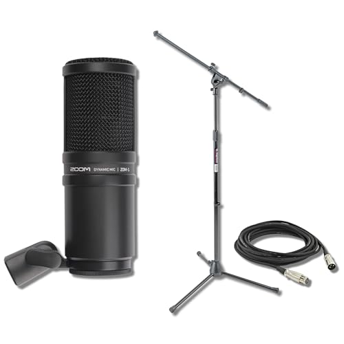 Zoom ZDM-1 Dynamic Podcast Microphone Bundle with On-Stage MS7701B Euro Boom Tripod Stand and 20-Foot XLR Cable — No Phantom Power, XLR Studio Mic for Podcasting, Streaming, Voice Over