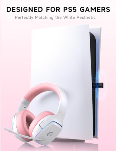 Gvyugke 2.4GHz Wireless Gaming Headsets for PS5, PS4, PC, Switch, Pink | Bluetooth 5.3 Gaming Headphones with Noise Canceling Mic, 7.1 Surround Sound, 70H Battery, Blue Lighting - color: Pink