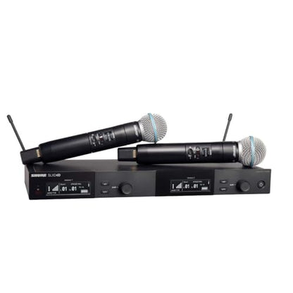 Shure SLXD24D/SM58 Dual Wireless Vocal System - G58 Band | Dual-channel system with two SLXD2 handhelds (SM58 capsules) and SLXD4D rack-mount receiver for live vocals - style: Dual Channel