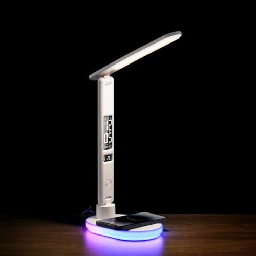 IHAO Luxury Multifunctional LED Desk Lamp10W Qi Wireless Charger Digital Alarm Clock Ambient Light & Temperature Display Adjustable Eye-Care Table Lamp with Leather Texture Design Table Lamp-U20 White - color: Table Lamp UL-U20 White