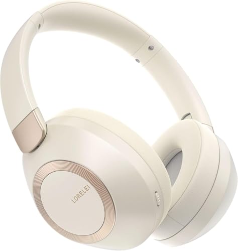 LORELEI B-C6 Wireless Over Ear Headphones, 50H Playtime Foldable Lightweight Bluetooth Headsets, Deep Bass, Built-in Microphone, Memory Foam Earmuff, for Travel, Home Office (Beige White) - color: Beige white