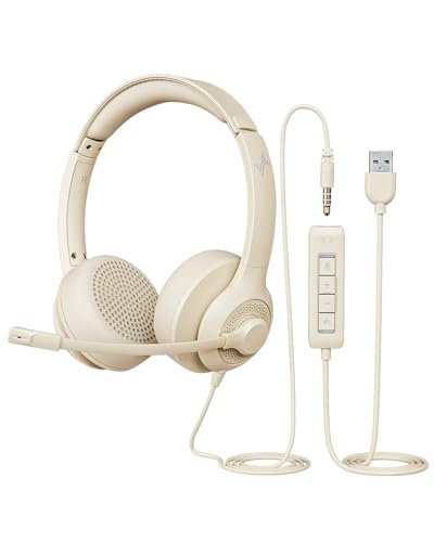 JIAMQISHI USB Headset with Microphone for PC, On-Ear Computer Laptop Headphones with Noise Cancelling Mic in-line Control for Home Office Online Class Zoom (USB+3.5mm, Apricot) - color: Apricot, style: USB+3.5mm