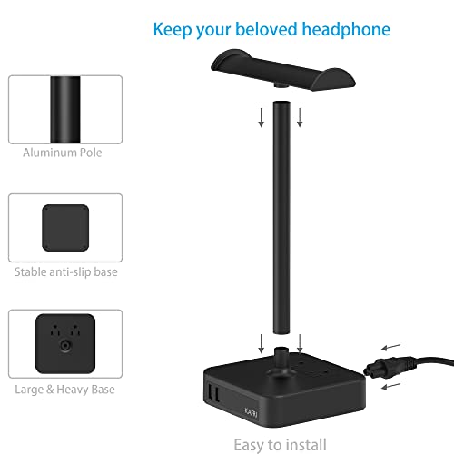 KAFRI Dual Headphone Stand with USB Charger Desk Gaming Double Headset Holder Hanger Rack with 2 USB Charging Port and 2 Outlet - Suitable for Gamer Desktop Table Game Earphone Accessories Gift - color: Black pro