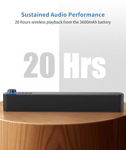 Desktop PC Speakers, Bluetooth Soundbar, 3600mAh Battery for 20Hrs Wireless Playback, Wired/Wireless Speaker for PCs, Phones, TVs, Laptops