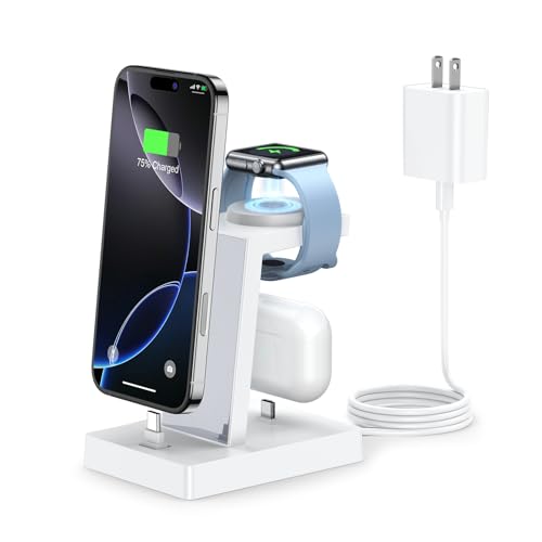 30W Fast Charging Station for Apple Devices - ADADPU 3 in 1 USB C Charger Stand for iPhone 17 16 15 Pro Max Plus & AirPods 4,Wireless Charger Dock Compatible with Apple Watch Ultra/10/9/8/7/6/5/4/3/SE - color: Classic White