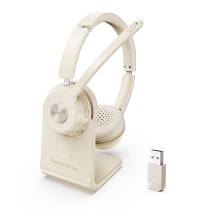 Soothielec Wireless Headset, Bluetooth Headset with Noise Cancelling Microphone, Best Headphones with Mic Mute & USB Dongle for PC/Computer/Laptop/Cell Phones/Remote Work/Call Center (Beige)