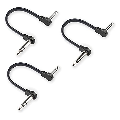 Flat Low Profile Stereo Guitar Patch Cable 8 inch for Effects Pedals, 1/4 inch TRS Right-Angle, Black, 3-Pack - color: Black, size: 8" Stereo