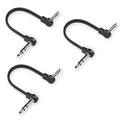 Flat Low Profile Stereo Guitar Patch Cable 8 inch for Effects Pedals, 1/4 inch TRS Right-Angle, Black, 3-Pack - color: Black, size: 8" Stereo