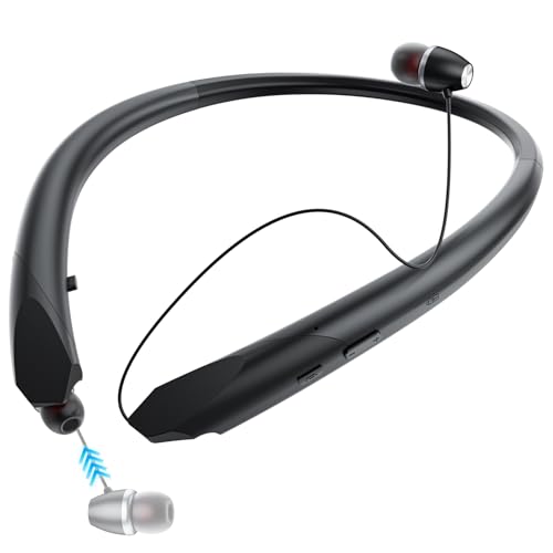Neckband Bluetooth Headphones Retractable, Wireless Headset with Mic, IPX5 Sweatproof Earphones, 22H Playtime & Dual Connectivity for Sports Running Workouts (Black) - color: BLACK