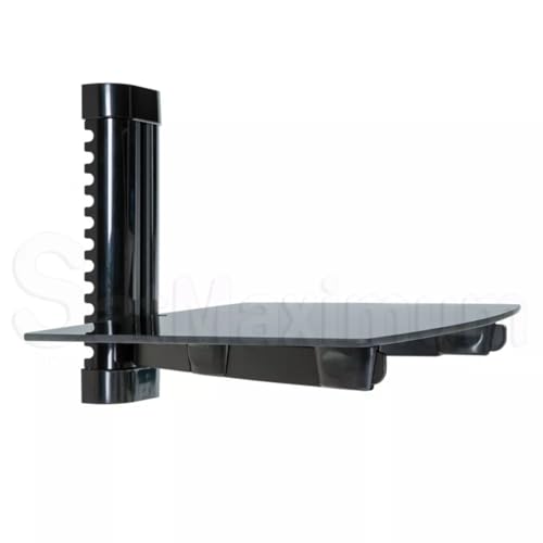 SATMAXIMUM Adjustable AV Shelf Wall Mount – Black Tempered Glass Floating Shelf for Cable Box, DVD Player, Gaming Consoles, Routers – Holds up to 22 lbs – Height Adjustable with Cable Management