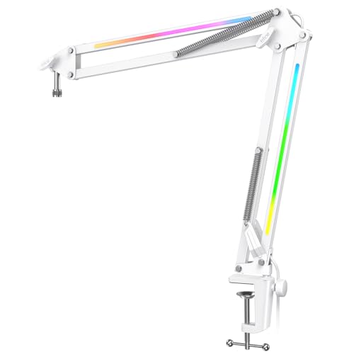 FIFINE AmpliGame BM38W Heavy Duty RGB Microphone Boom Arm for Gaming | Podcasting C-Clamp Desktop Mic Mount, Angle Adjustment, 3/8" to 5/8" Screw, for FIFINE AM8 - color: White