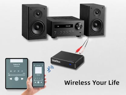 R1 Bluetooth Receiver for Home Stereo with RCA Line Out & USB Input | No-beep pairing, aptX Adaptive HD, for amplifiers and powered speakers, always-on USB power, music streaming only, no mic