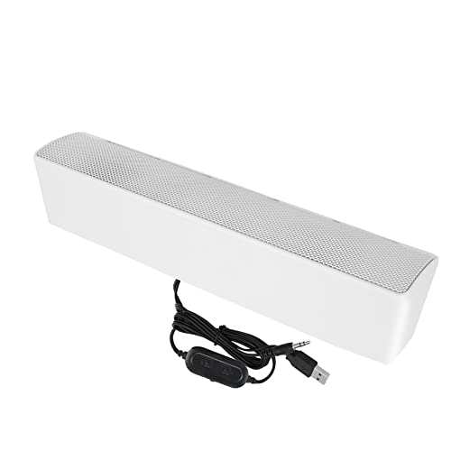 EVGATSAUTO 3.5mm Audio Soundbar with Bass Technology LED Light Volume Knob, USB Wired Stereo Speakers for PC Laptop Smartphone Tablet MP3 MP4 (White) - color: White