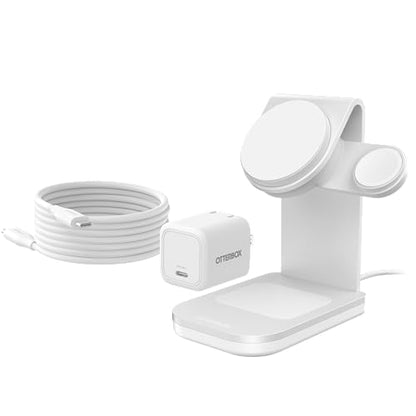 OtterBox 3-in-1 Wireless Charging Stand, White | MagSafe Charging Station for iPhone, Apple Watch & AirPods, 45W Wall Charger & 6ft USB-C Charging Cable Included - color: White, style: 3-in-1