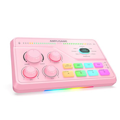 FIFINE SC8P USB Audio Mixer for Game Chat with 7.1ch Surround sound | For PC,RGB,Headphone Preamp,Mute Button,Volume Control,Optical Input,48V Phantom Power,3 EQ Modes,Game Chat Balacnce Pink