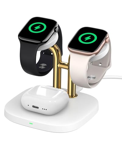 3 in 1 Dual Watch Wireless Charger Stand for Apple Watch Ultra/11 & AirPods | Dual magnetic watch charging, 5W Fast watch charge, Ergonomic design, Chrome plated plastic stand, Multi safety guard, 704A - color: White & Gold